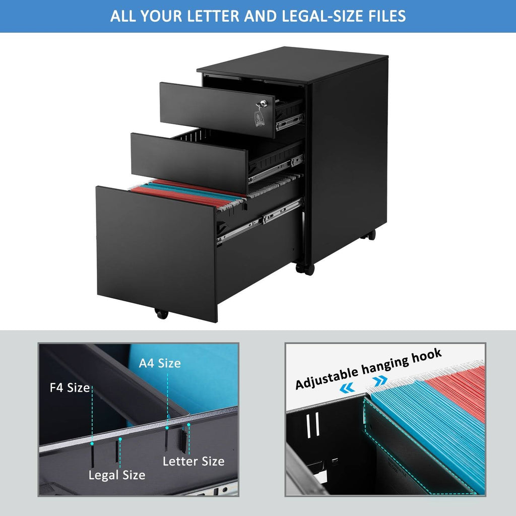 Black Metal 3 Drawer Lockable File Cabinet Q875