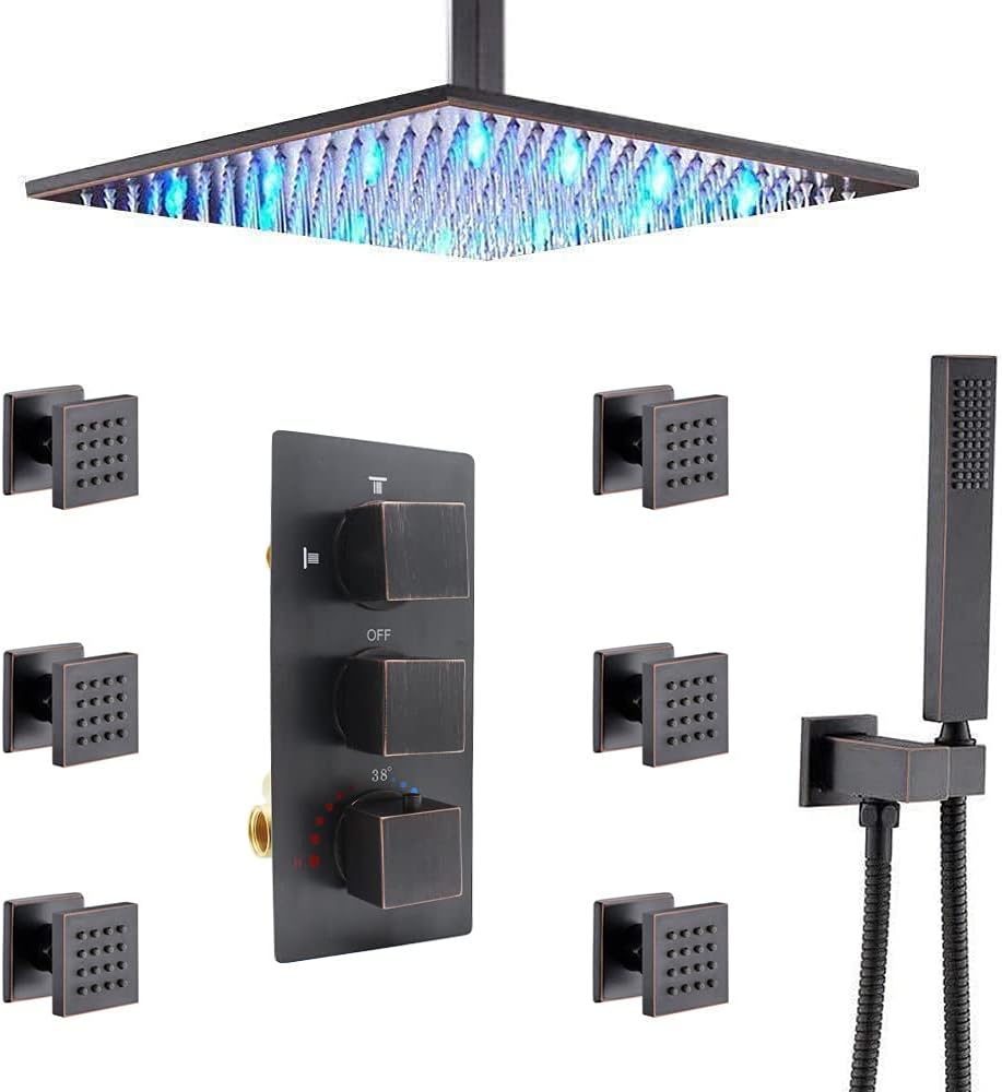 Brushed Nickel LED Rain Shower Head System with Thermostatic Mixer Valve and Body Sprayer Jets A771803