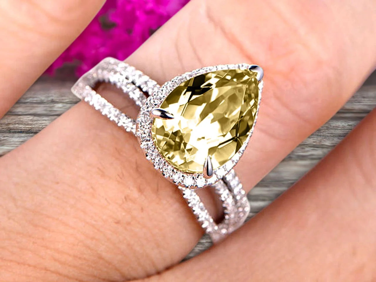 Champagne Diamond Moissanite Engagement Ring 2.5 Carat Pear Shape Gemstone Wedding Set On 10k White Gold With Matching Band I727888