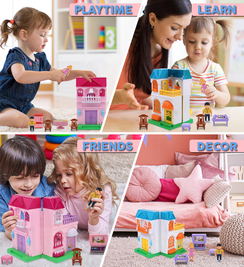 Mini Doll House Playset with 1 Pink House and 1 Blue House Set Q716