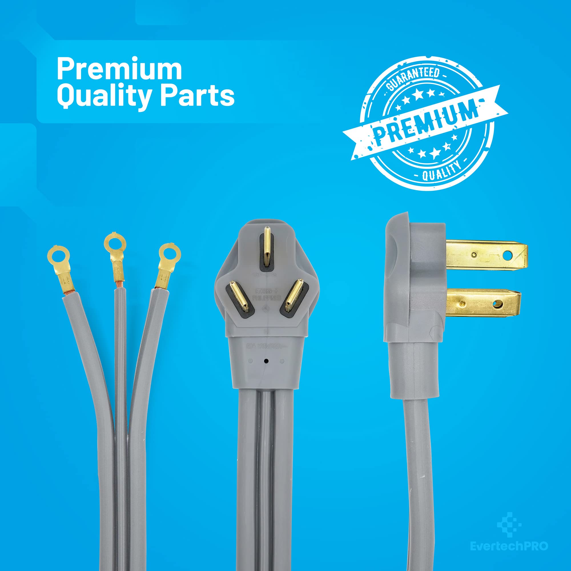 5ft 3 Prong Power Cord with Open End Range Connectors and 3 Copper Wires - 50 Amp Rated Power Cord - 60” Gray Z1753