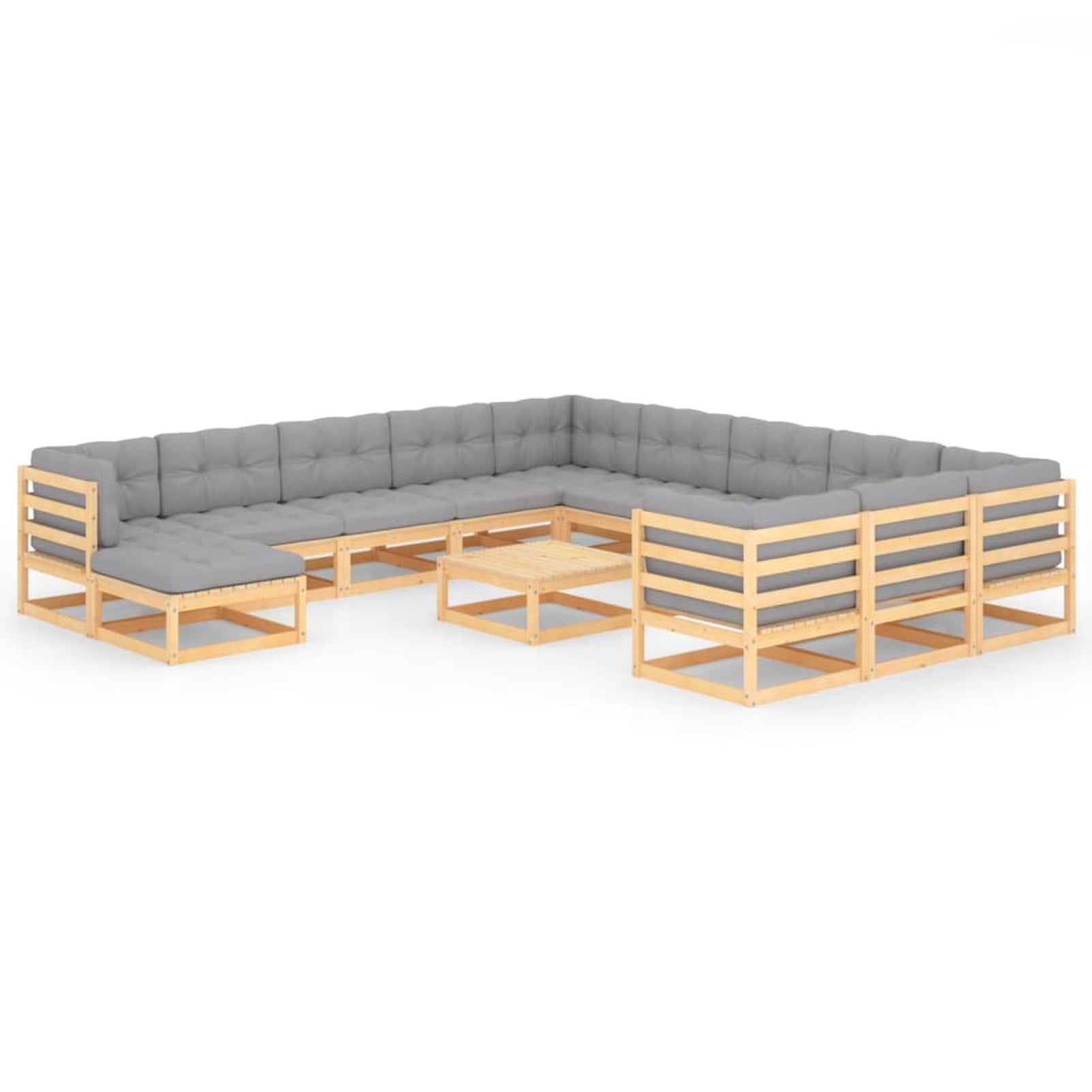 13 Piece Gray Cushioned Pinewood Sectional Outdoor Furniture Set K366