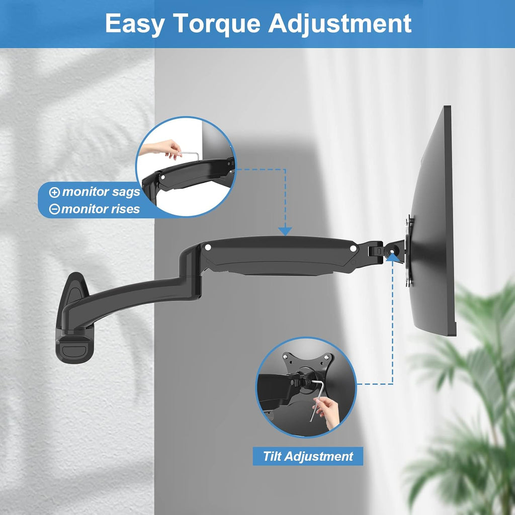 Single Wall Monitor Mount, Full Range Motion Wall Mounted Monitor Arm, Fully Adjustable PC Computer Wall Mount with Extendable Arm Fits up to 27" 13.2lbs Screens Max VESA Size 100x100mm Pack of 2 C53926