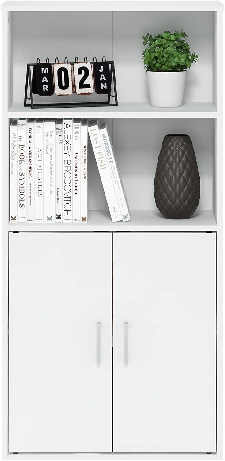White Storage Cabinet with 2 Open Shelves and 2 Doors I921