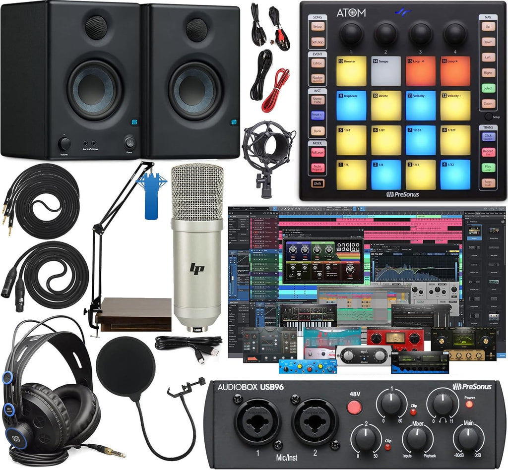 Audio Interface Full Studio Bundle with MIDI Pad Controller, Bluetooth Monitors, Boom Arm and Headphones O543914