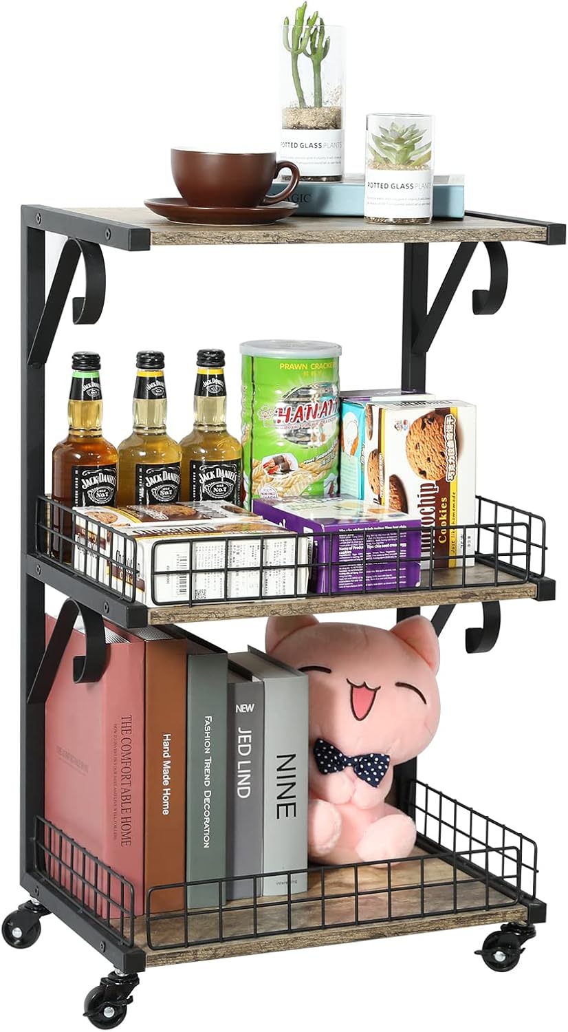 3-Tier Wood/Metal Rolling Utility Cart with Lockable Caster Wheels F83946