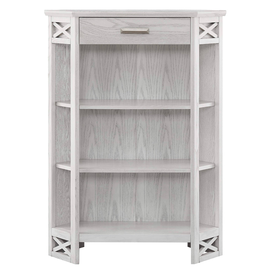 Weathered White 3-Shelf Corner Bookcase with Drawer Storage G355567