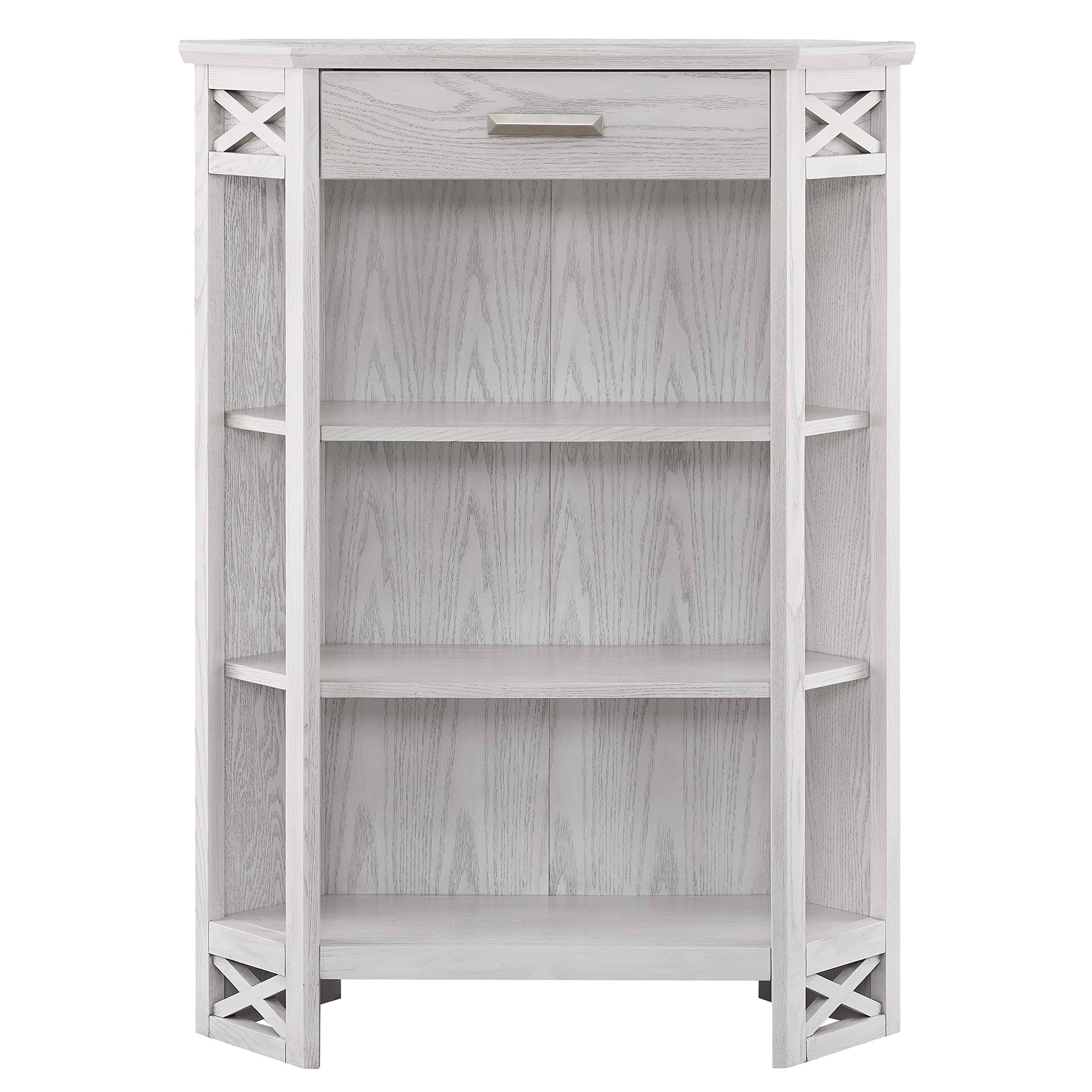 Weathered White 3-Shelf Corner Bookcase with Drawer Storage G355567
