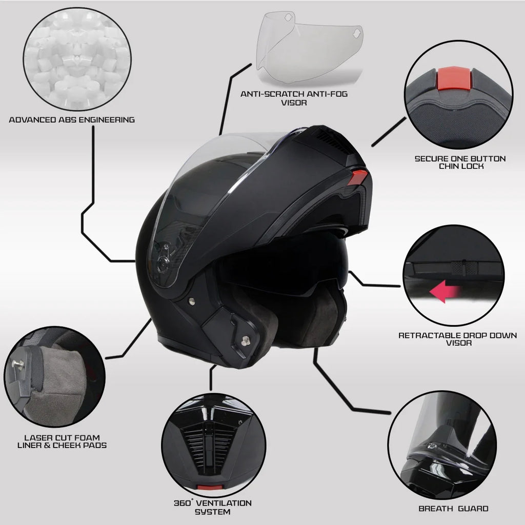 Flat Black Motorcycle Modular Helmet with Drop Down Visor H9502
