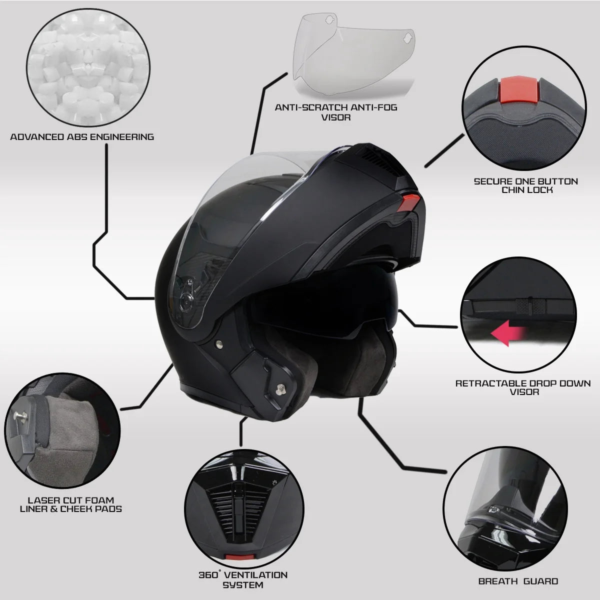 Flat Black Motorcycle Modular Helmet with Drop Down Visor H9502
