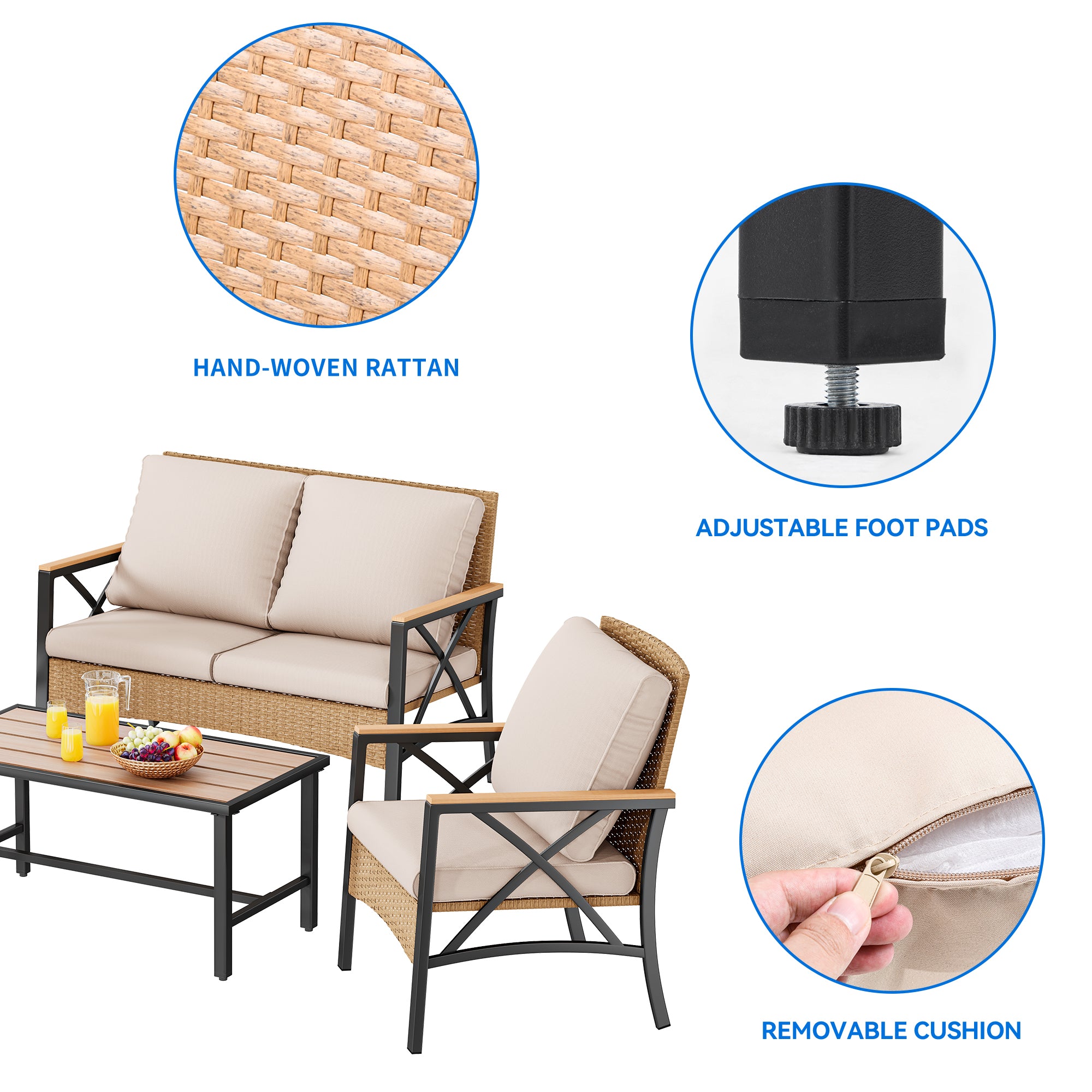 4-Piece All-Weather Patio Furniture Set with Wood Armrests and Rattan Design, Light Brown+Beige M293