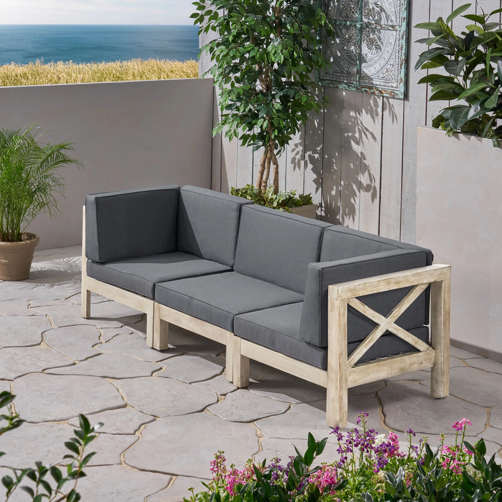 Weathered Gray and Dark Gray Acacia Wood Outdoor Modular Sofa with Cushions M55870