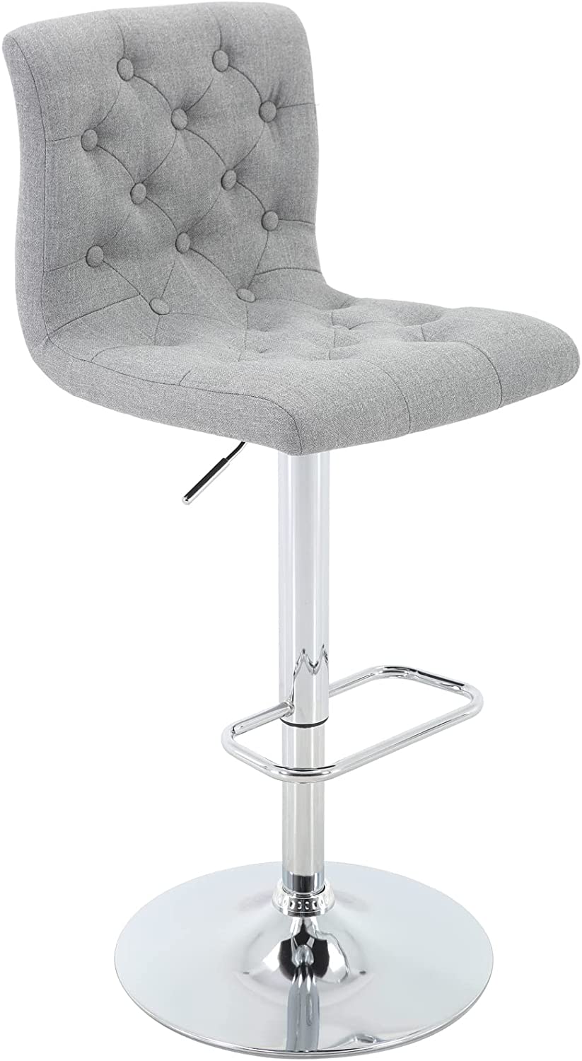 Light Grey Tufted Fabric Adjustable Swivel Bar Stool with Back R417716
