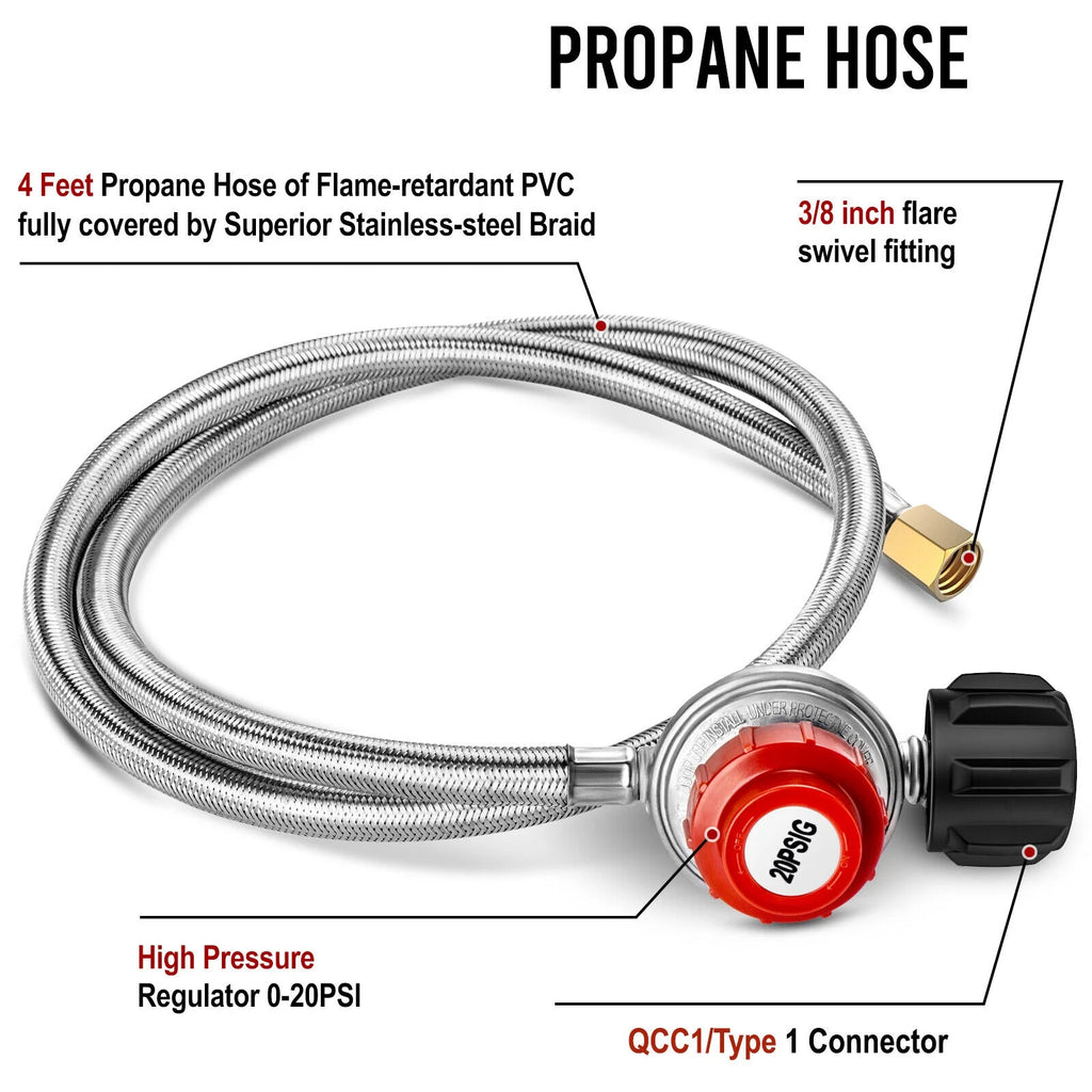 4FT Stainless Steel Braided Propane Gas Hose with Adjustable High Pressure Regulator V961