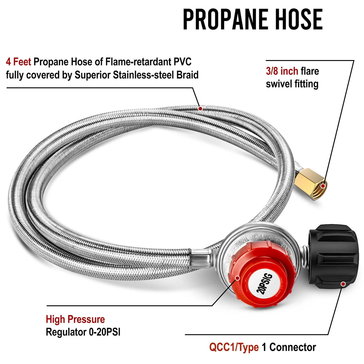 4FT Stainless Steel Braided Propane Gas Hose with Adjustable High Pressure Regulator V961