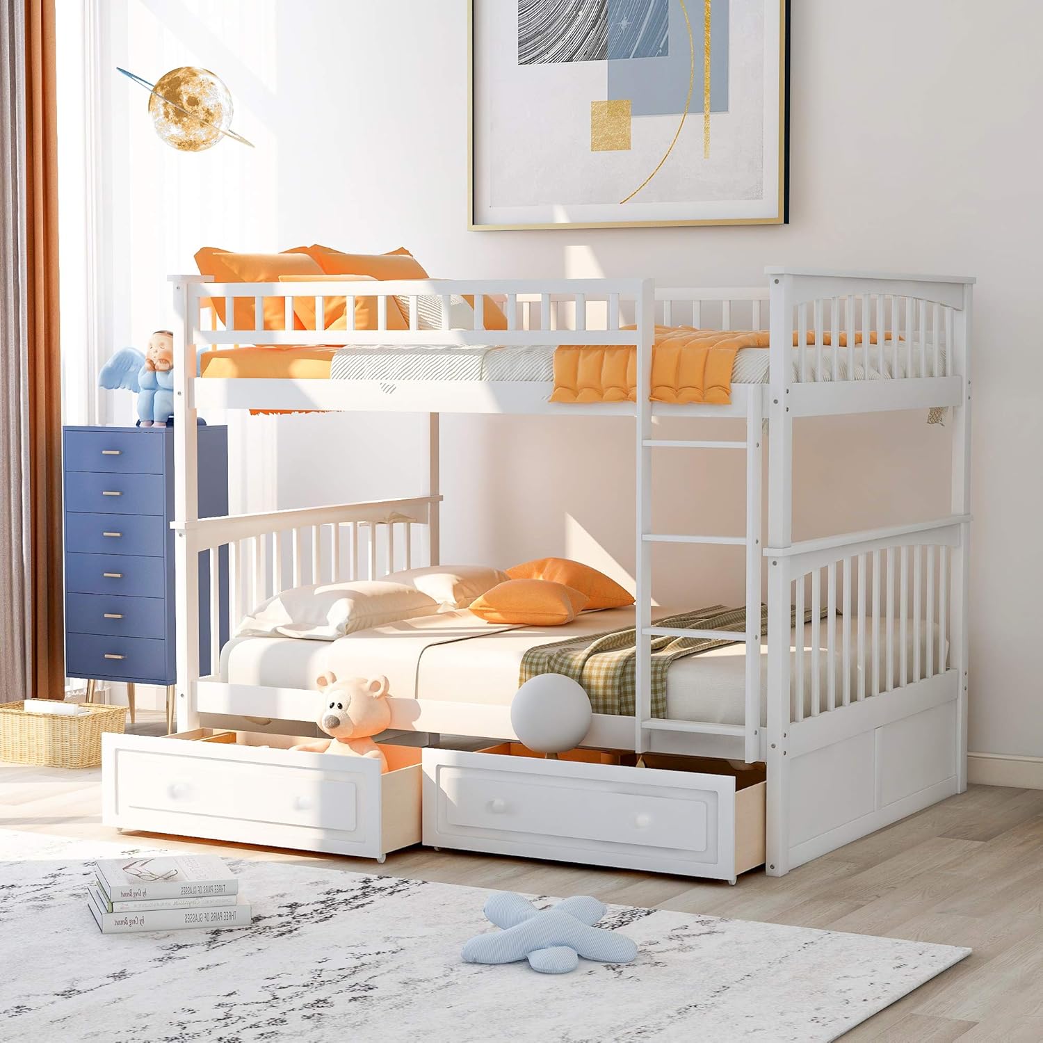 Grey Solid Wood Twin Over Twin Bunk Bed with Two Storage Drawers B562