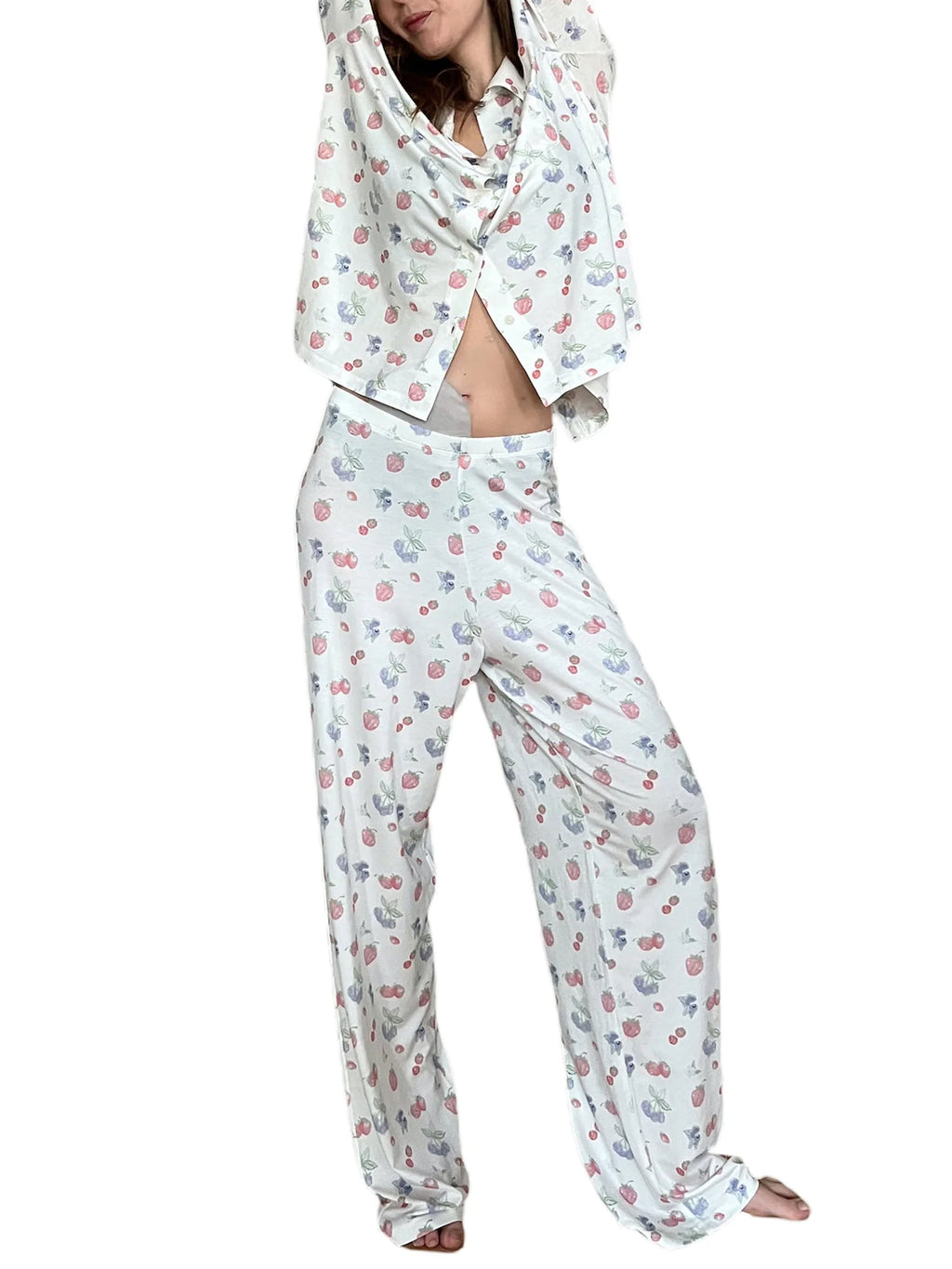 Women 2 Piece Floral Pajamas Lounge Set Long Sleeve Shirt Wide Leg Pants G62383