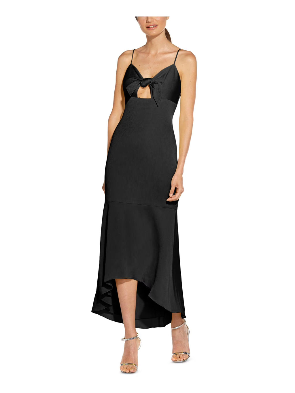 Black Cut Out Tie V-back Zippered Sleeveless Sweetheart Neckline Midi Hi-Lo Dress C6830