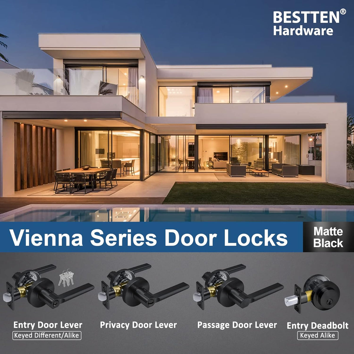 [5 Pack] Matte Black Privacy Door Handle with Removable Latch Plate L838337
