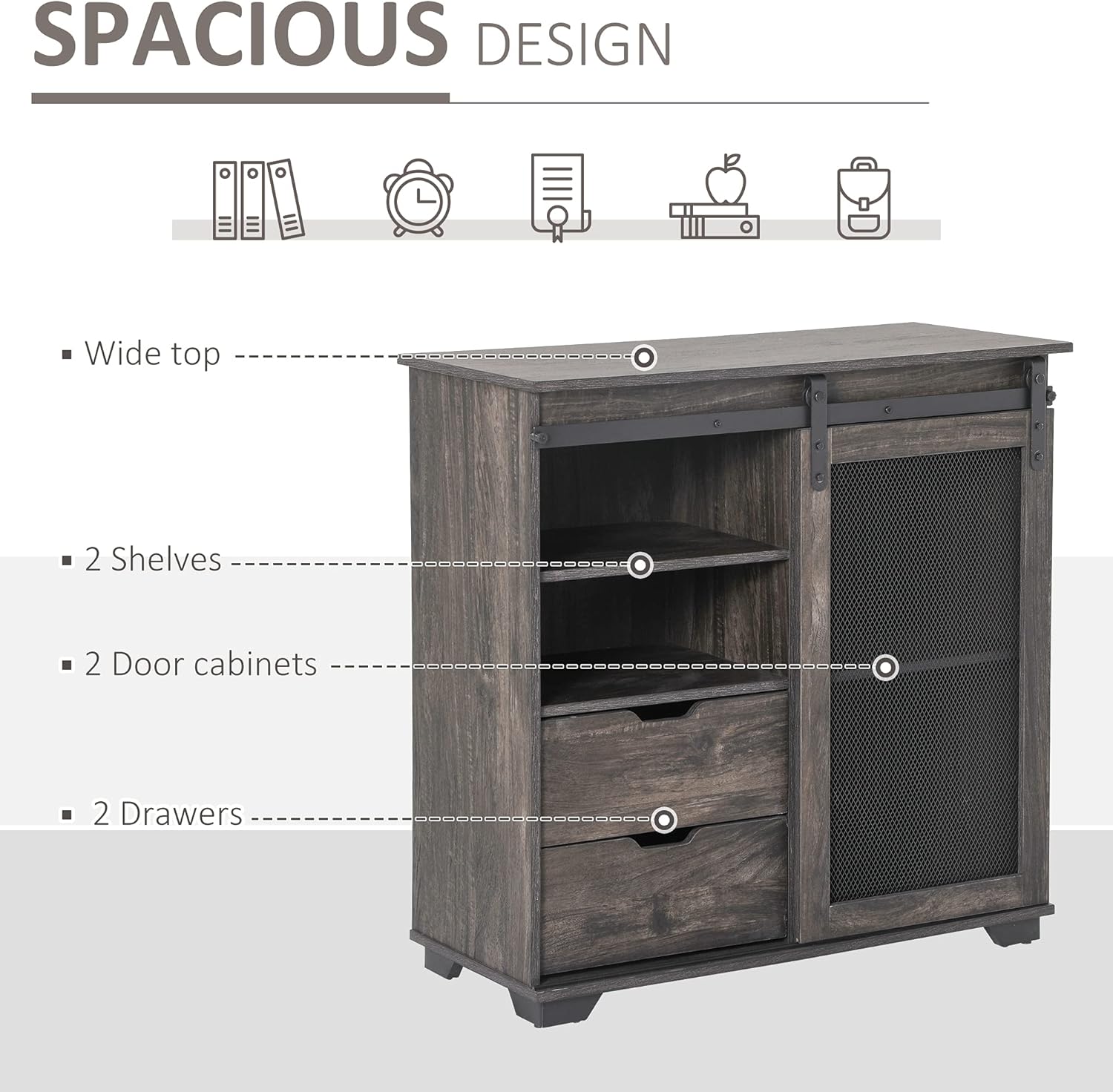 Industrial Storage Cabinet Sideboard Buffet with 2 Drawers, 2 Shelves & Metal Mesh Door, Dark Brown/Black N7076
