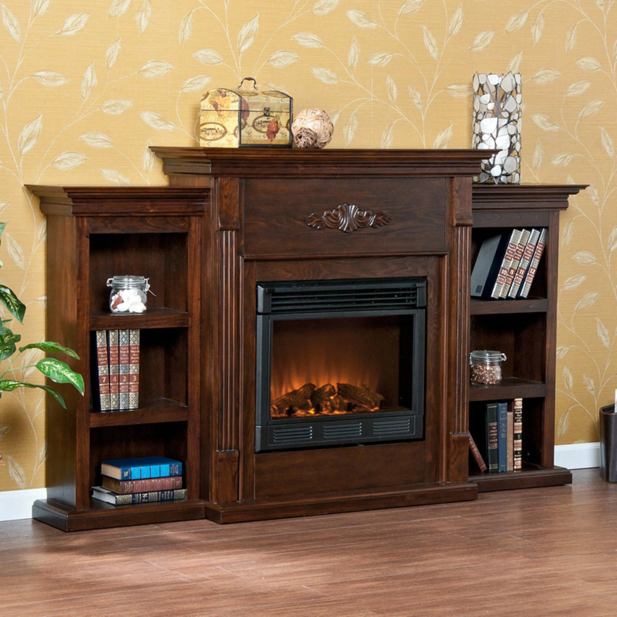 Black Wood Electric Fireplace with Bookcases Z490