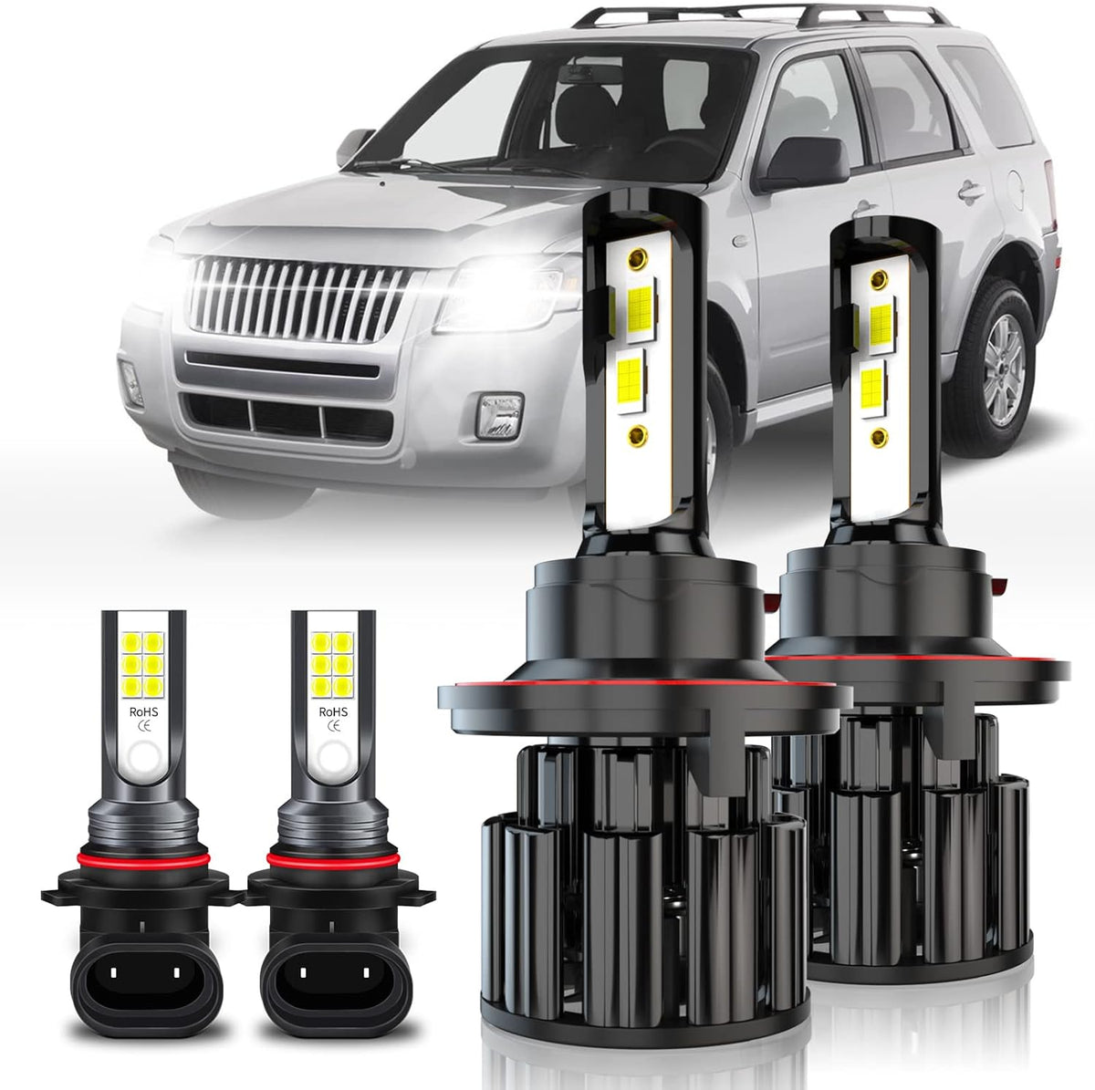 9008 9005 LED Headlight Bulbs Combo, 60W 10000LM 6000K White, Pack of 4 Pack of 2 W945495