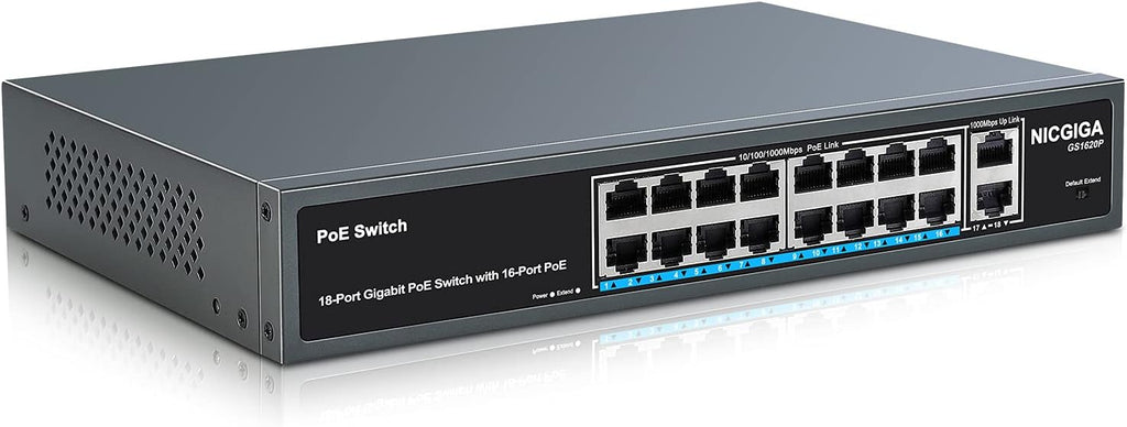 18 Port Gigabit PoE Switch with 16 Ports 1000Mbps PoE+@250W, 2 Gigabit Uplink Ports, VLAN Mode, Metal Case, Desktop/Rack Mount, Unmanaged M979790
