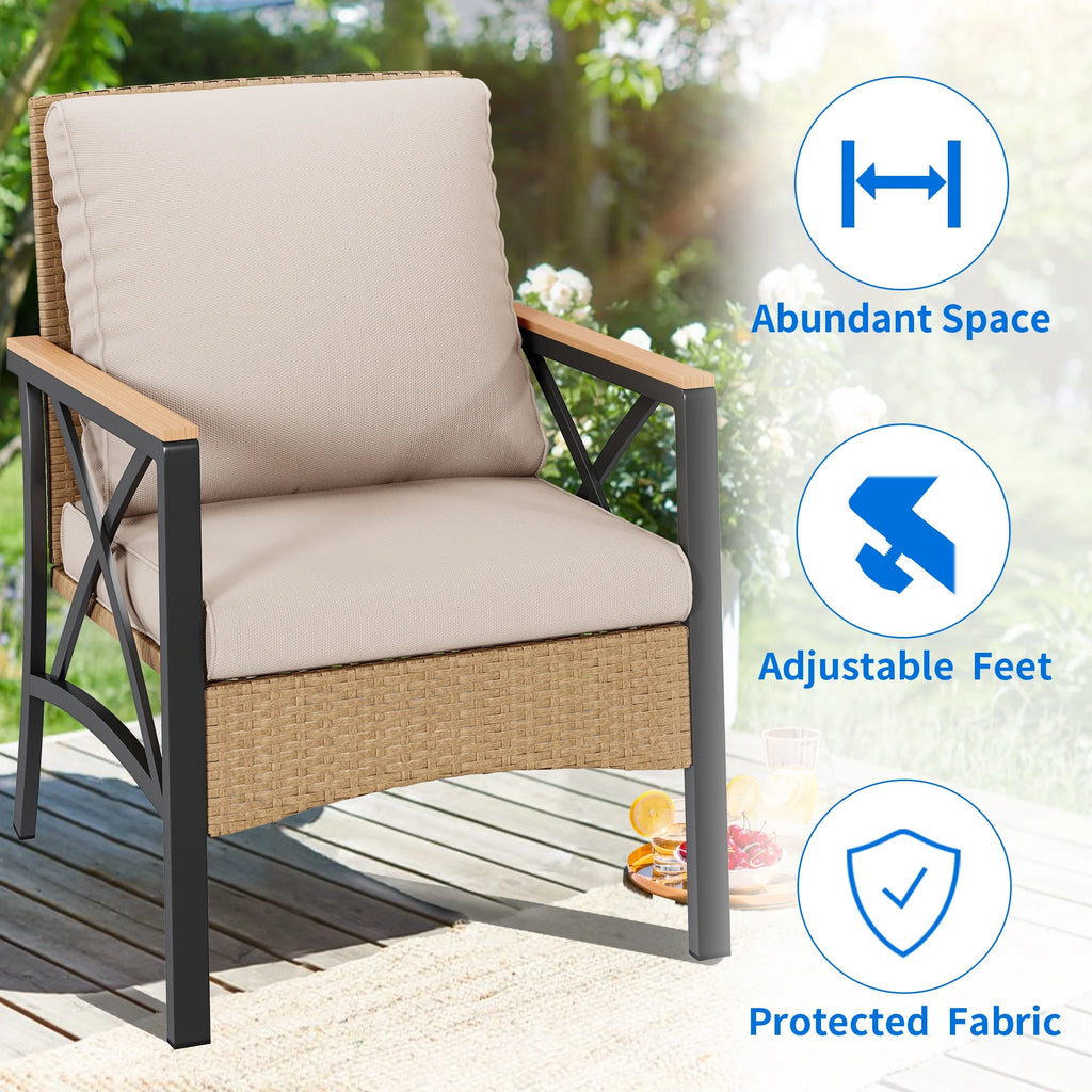 4-Piece All-Weather Patio Furniture Set with Wood Armrests and Rattan Design, Light Brown+Beige M293