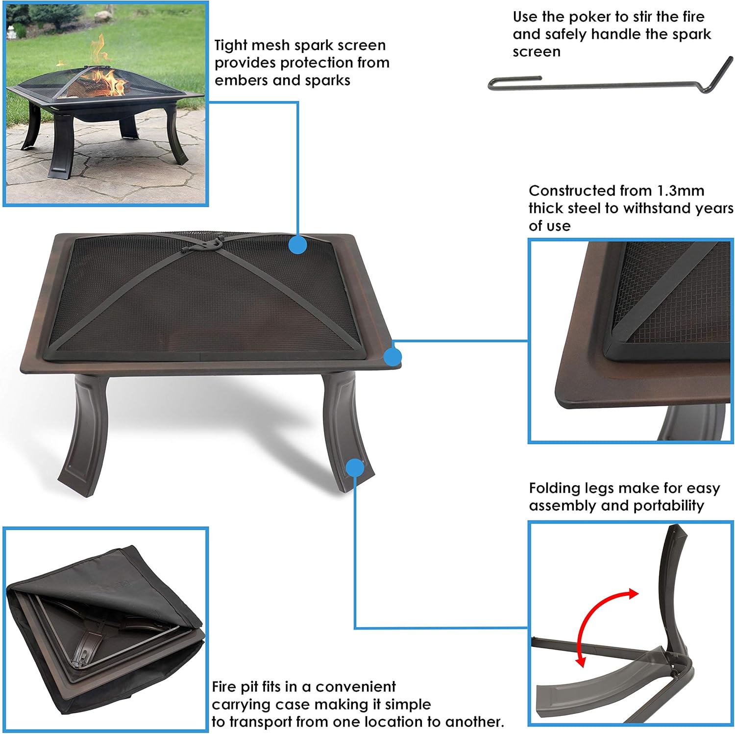 26-Inch Square Wood Burning Fire Pit with Spark Screen, Poker and Carrying Case X4267
