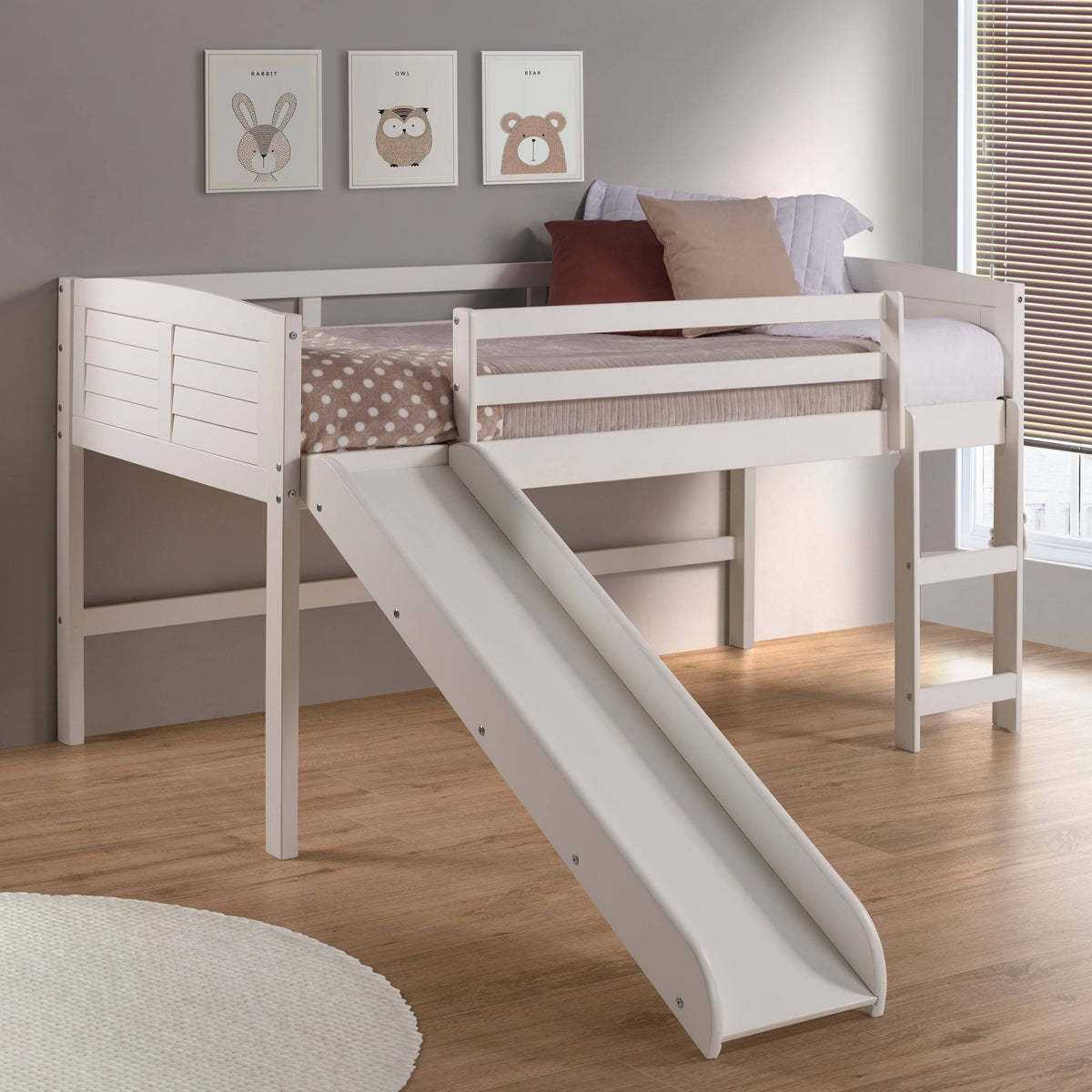 Twin Low Loft White Bed with Camo Tent and Slide R7278
