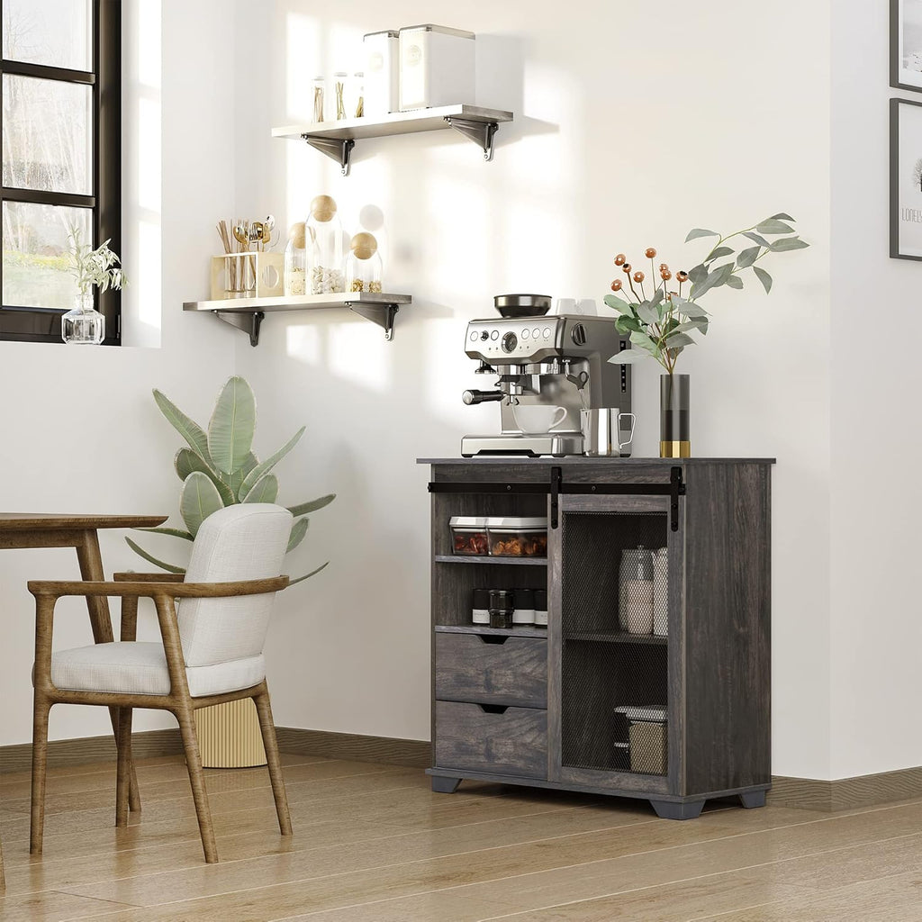 Industrial Storage Cabinet Sideboard Buffet with 2 Drawers, 2 Shelves & Metal Mesh Door, Dark Brown/Black N7076