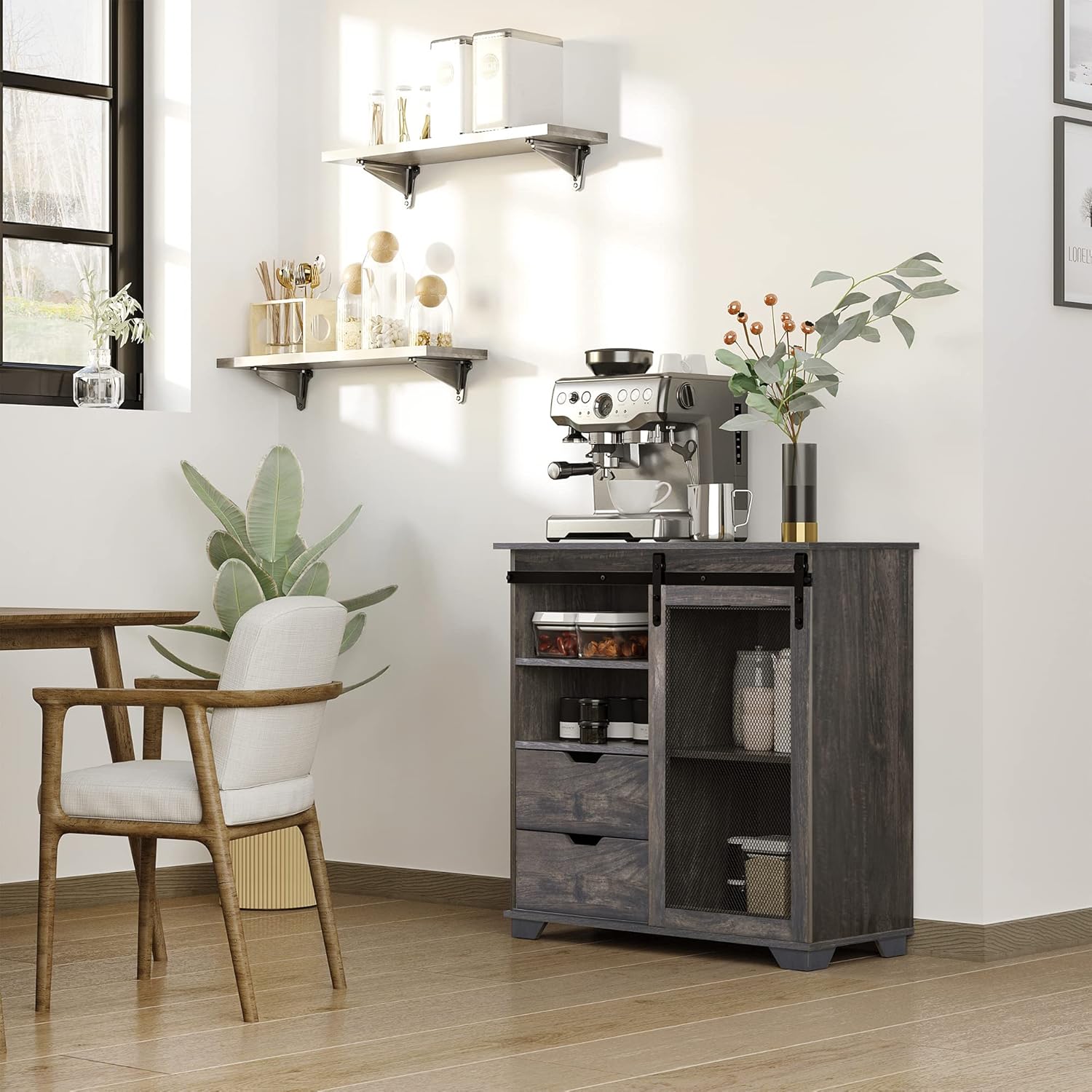 Industrial Storage Cabinet Sideboard Buffet with 2 Drawers, 2 Shelves & Metal Mesh Door, Dark Brown/Black N7076