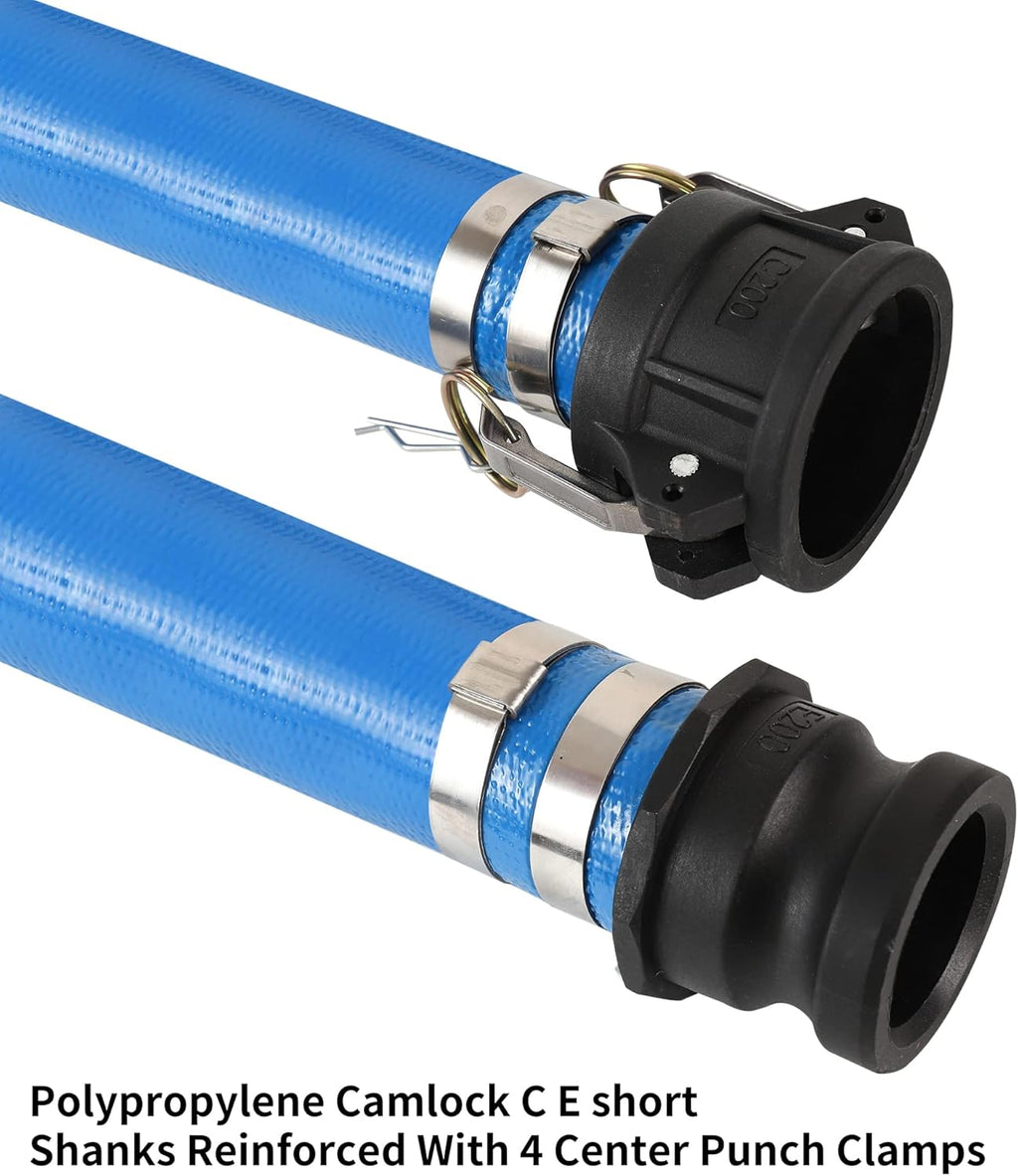 2 x 50FT Blue Discharge Hose with Camlock C and E Fittings, Reinforced PVC Lay Flat Backwash Hose Assembly J88485