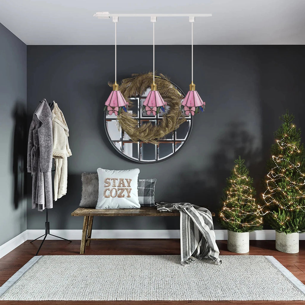 Pink Butterfly Brass Finished Stained Glass Pendant Light F332