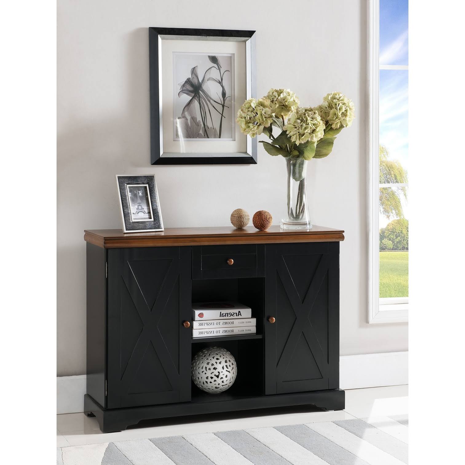 Black / Walnut Finish Wood Buffet Cabinet Console Table with Storage A461