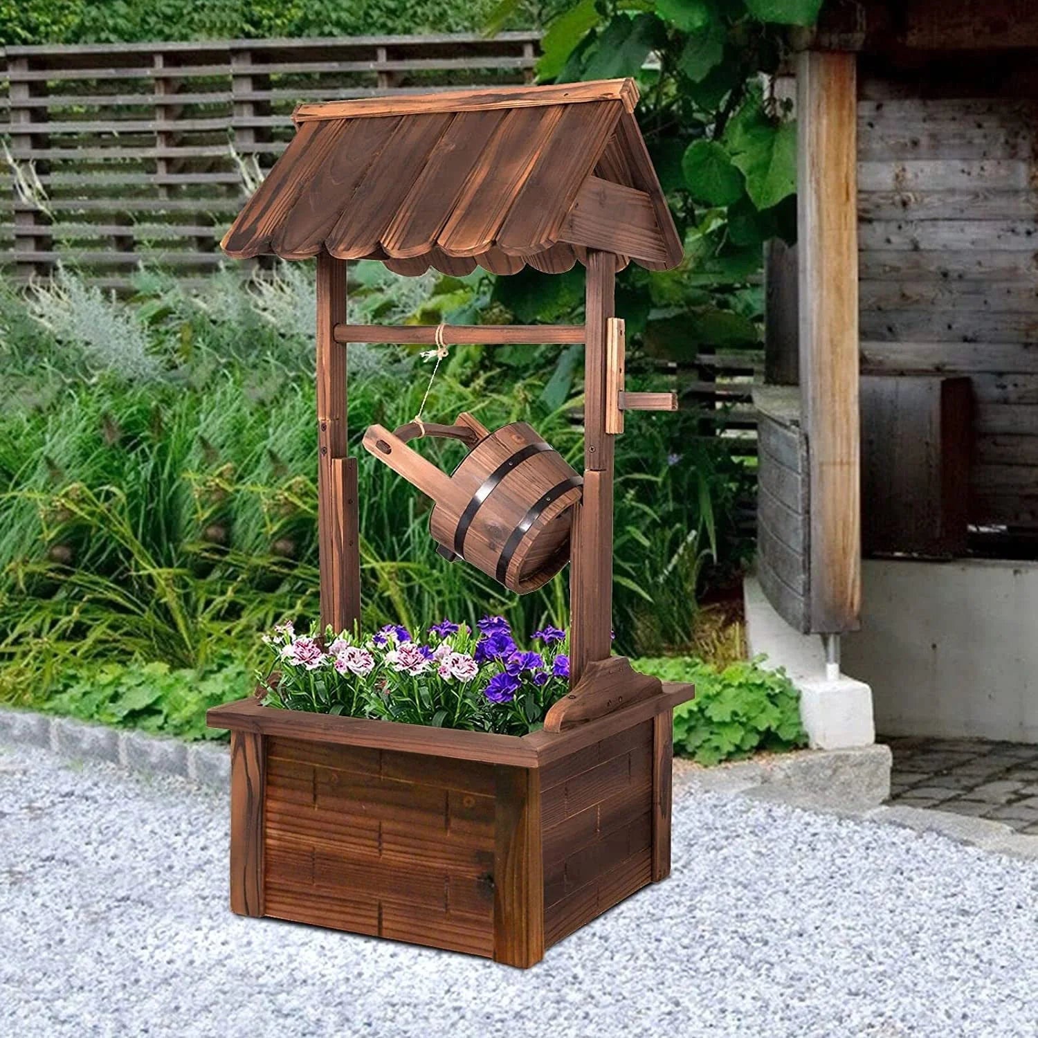 Wood Patio Outdoor Fountain with Adjustable Flow Submersible Electric Pump D2147