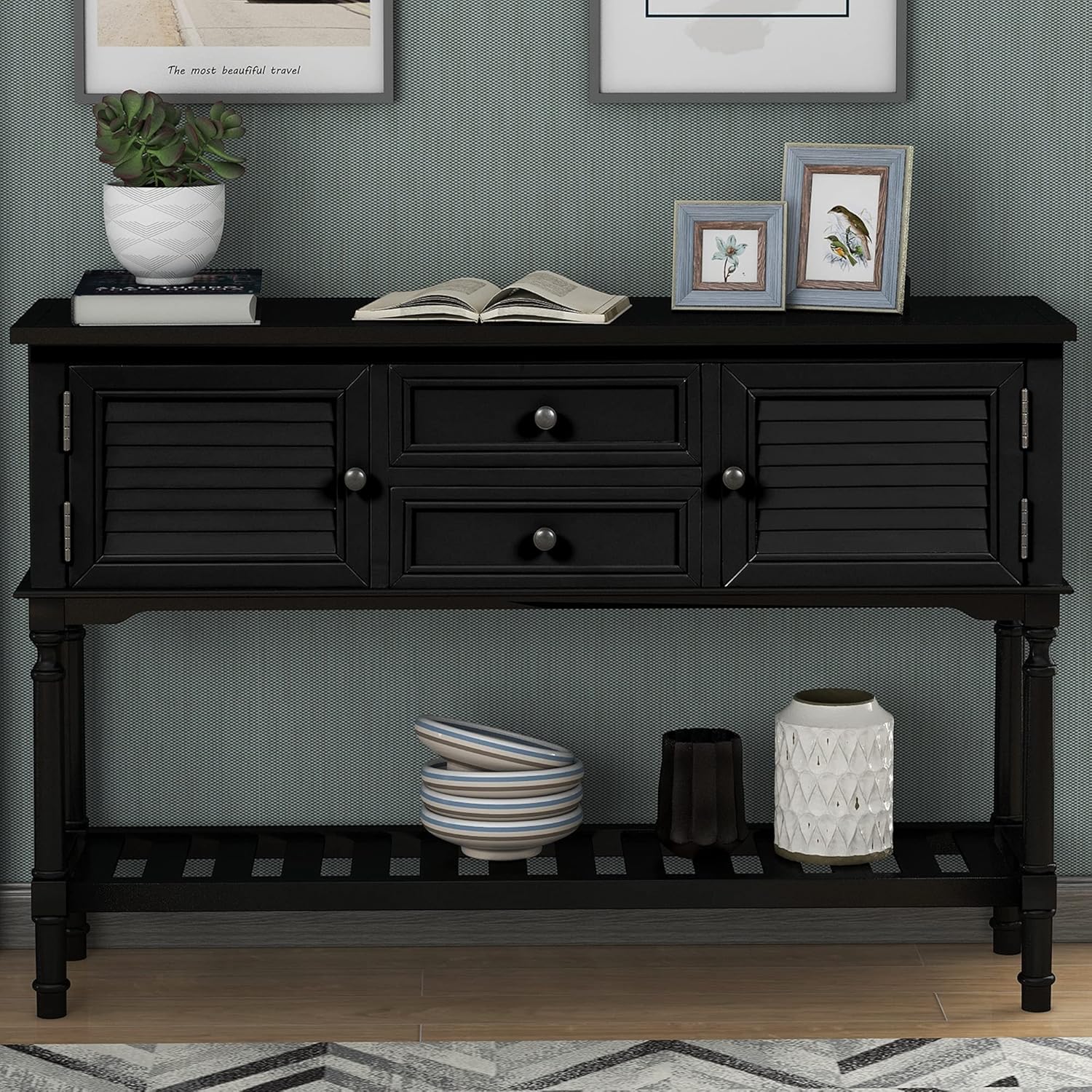 Green Solid Wood Console Table with 7 Drawers and 1 Cabinet Q37540