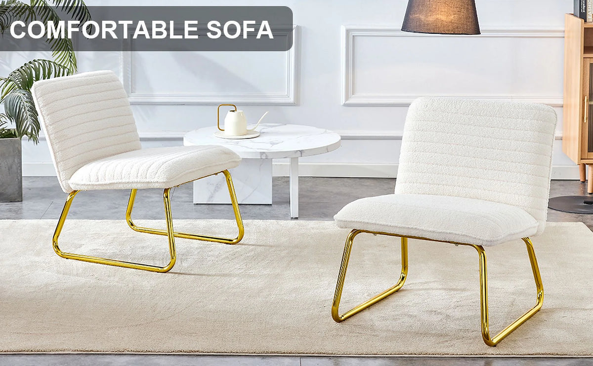 White Armless Sofa Chair with Plush Cushion and Backrest with Golden Metal Legs G220