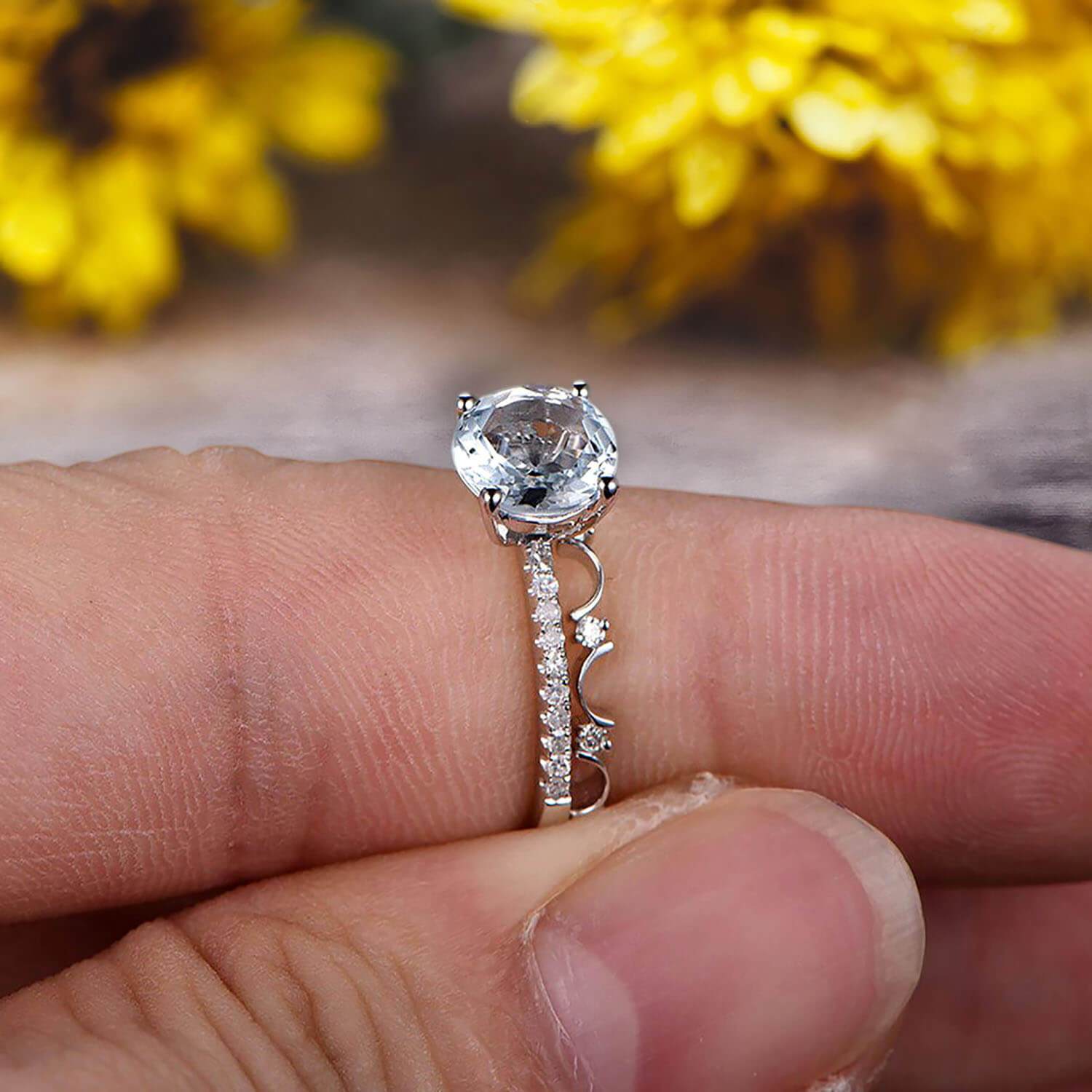 2 Carat 6mm Round Cut Blue Aquamarine Engagement Ring on 10k White Gold I377