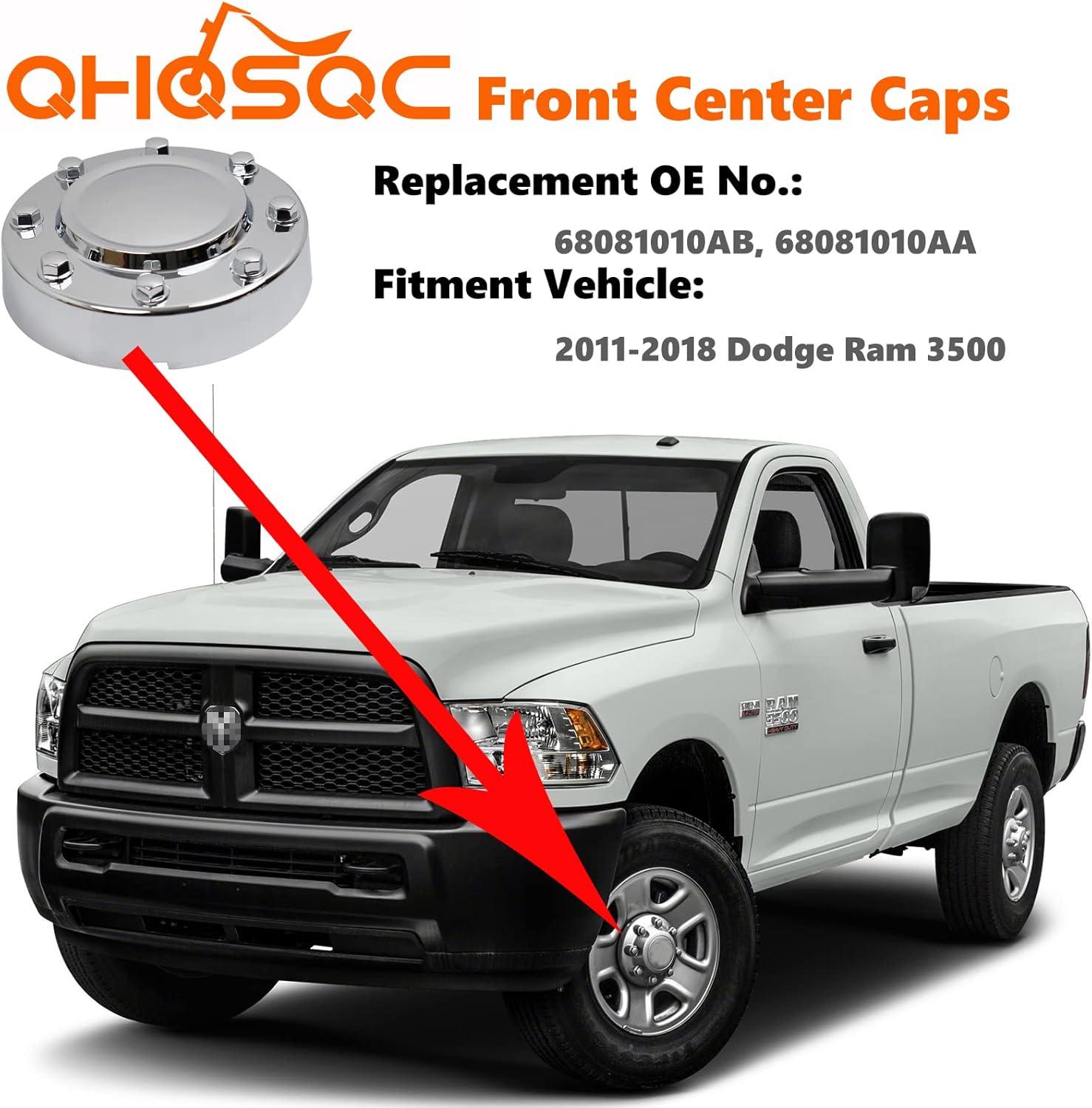 Chrome Front Center Hub Cap Wheel Cover for Dodge Ram 3500, Pack of 2 H9615