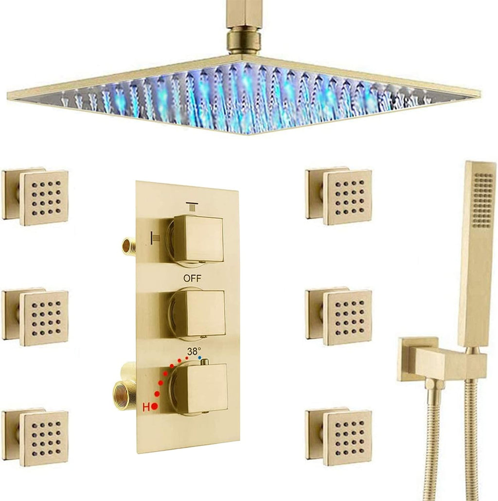 Brushed Nickel LED Rain Shower Head System with Thermostatic Mixer Valve and Body Sprayer Jets A771803