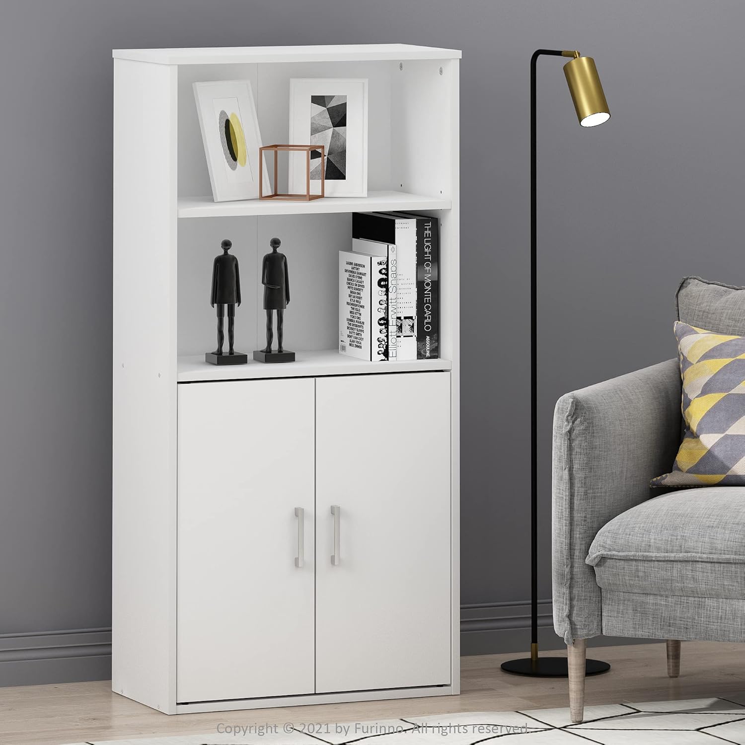 White Storage Cabinet with 2 Open Shelves and 2 Doors I921