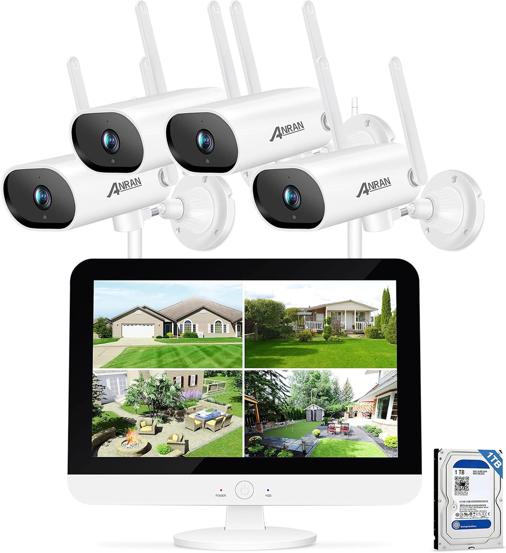 8 Channel 2K NVR 4Pcs 3MP Wireless Security Camera System with 13 LCD Monitor 1TB Hard Drive O5681