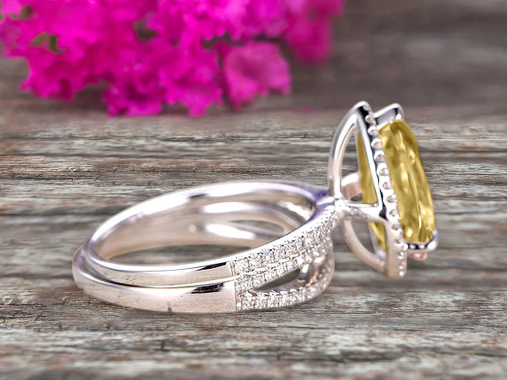 Champagne Diamond Moissanite Engagement Ring 2.5 Carat Pear Shape Gemstone Wedding Set On 10k White Gold With Matching Band I727888