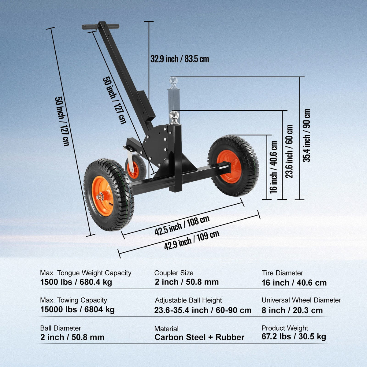 Adjustable Trailer Dolly with 2'' Ball & 16'' Pneumatic Tires R4011
