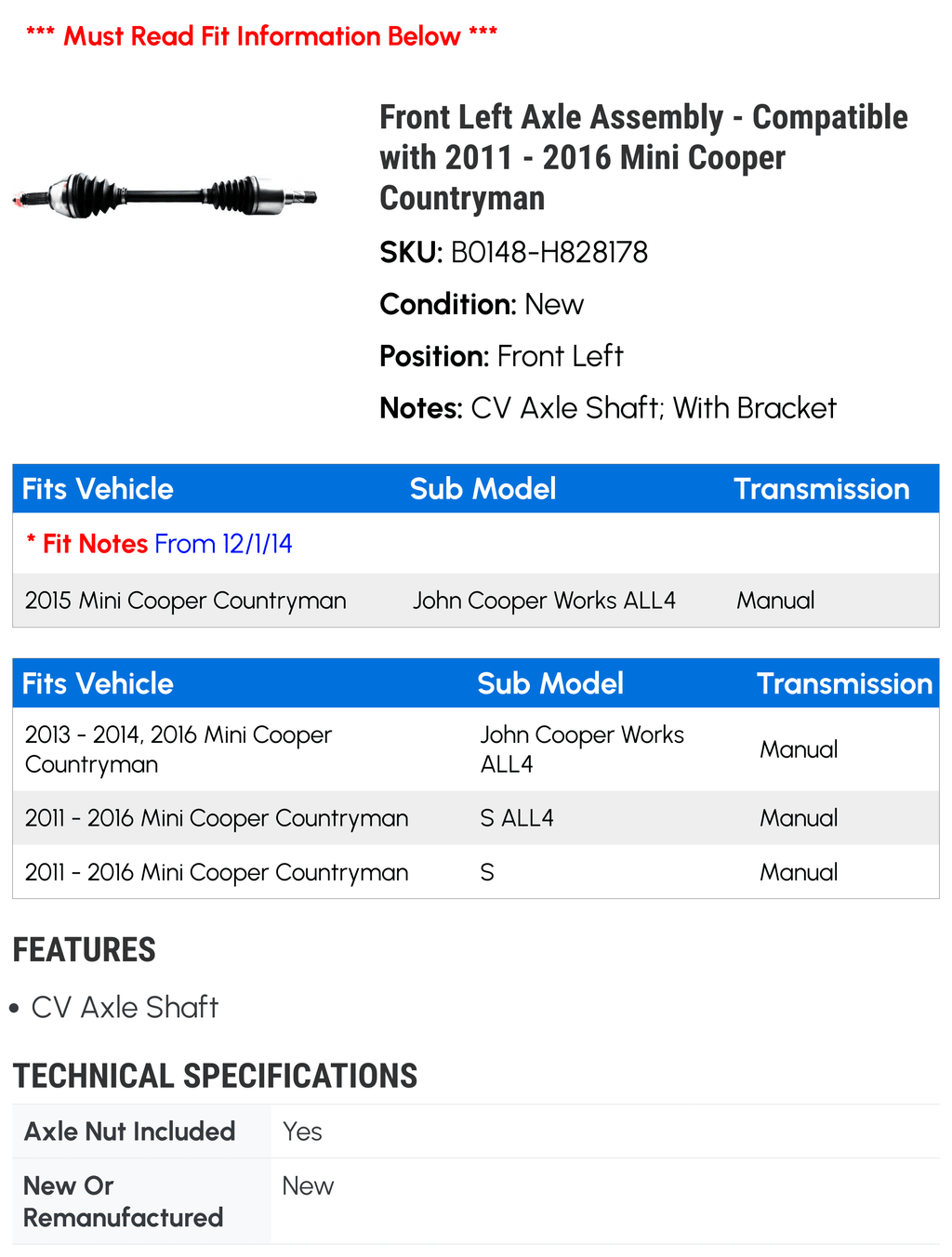 Front Left Axle Assembly for Mini Cooper Countryman 2011-2016 L7570