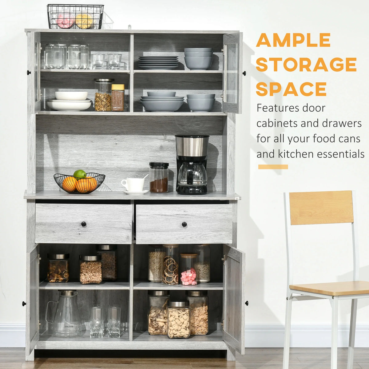 Ash Grey Kitchen Buffet with Hutch and Framed Glass Doors T10756