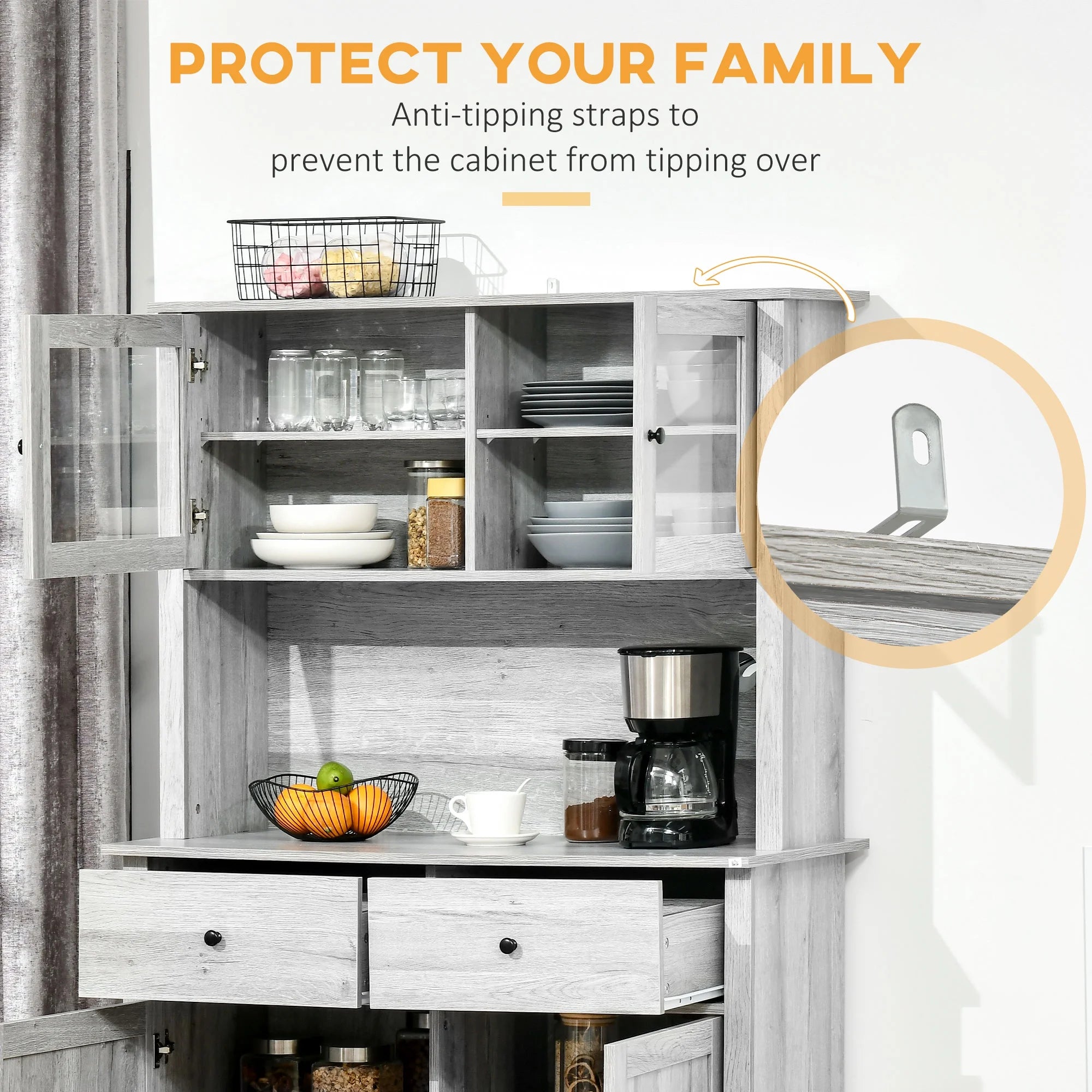 Ash Grey Kitchen Buffet with Hutch and Framed Glass Doors T10756