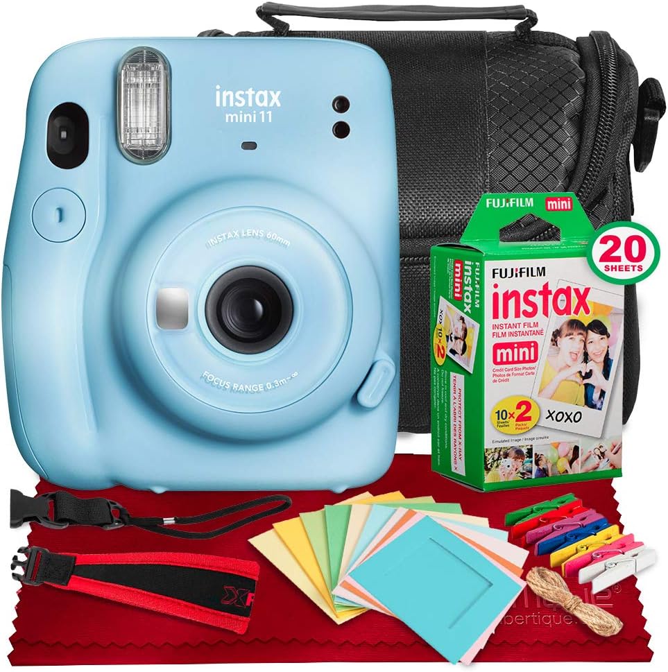 Sky Blue Instant Film Camera with 20 Exposures Twin Film, Carrying Case, Camera Strap & Film Frames N735104