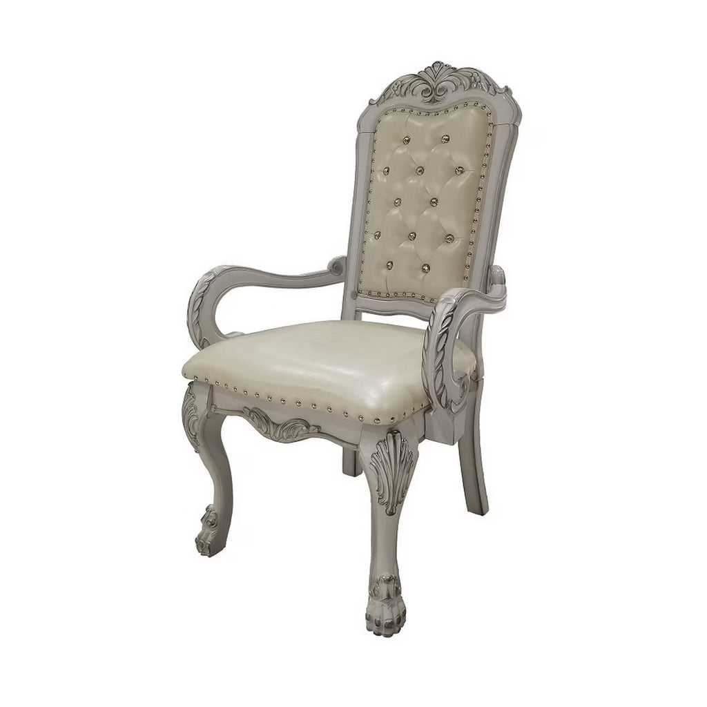 26 Inch Tufted Dining Armchair Set of 2 Faux Leather Bone White H7241